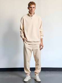 SHEIN 青少年男童休闲街头纯色百搭舒适纯色拉链立领连帽衫和运动裤套装，适合通勤、上学、休闲、度假、运动、派对、秋冬 - 杏色 - 查看 8