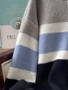 SHEIN Teenage Boys' Casual Striped Contrast Color Hooded Solid Knit Hoodie Sweater, Versatile All-Match Suitable For Commuting, School, Daily Casual, Vacation, Outdoor, College Party, Fall Autumn And Winter Clothes Color Block Sweater Striped Knit Sweater Teen Boys Sweater Hoodie Boys Hooded Sweater Boys Knit Hoodie - Multicolor - View 7