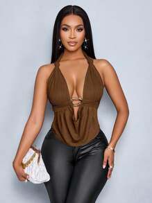 SOLERSUN Spring And Summer Women's Wear Leisure Vacation Apricot Deep V-Neck Halter Straps Front Center Metal Buckle Gathered Shoulder Straps Twist Curved Hem Backless Straps Knitted Textured Fabric Top Halter Top - Brown - View 6