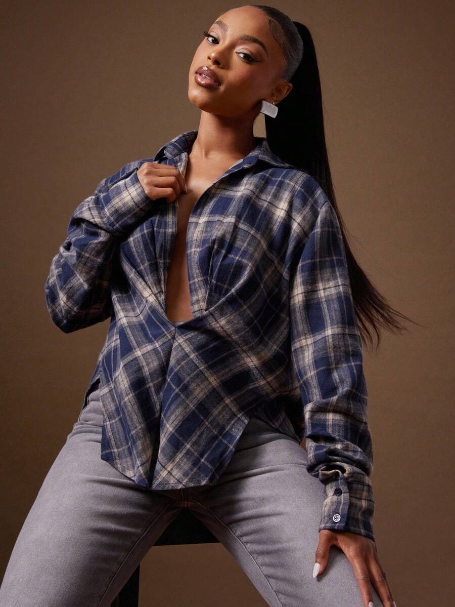 Denimoi Camicia casual a quadri con scollo basso e dettaglio attorcigliato davanti - blu polveroso - Visualizzare 1