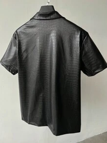 Manfinity LEGND 男士休闲 PU 皮革黑色衬衫，街头通勤。 - 黑色 - 查看 2