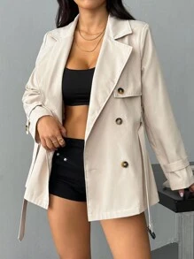 SHEIN PETITE 女士休闲通勤翻领双排扣风衣 秋冬女款风衣 - 卡其色 - 查看 6