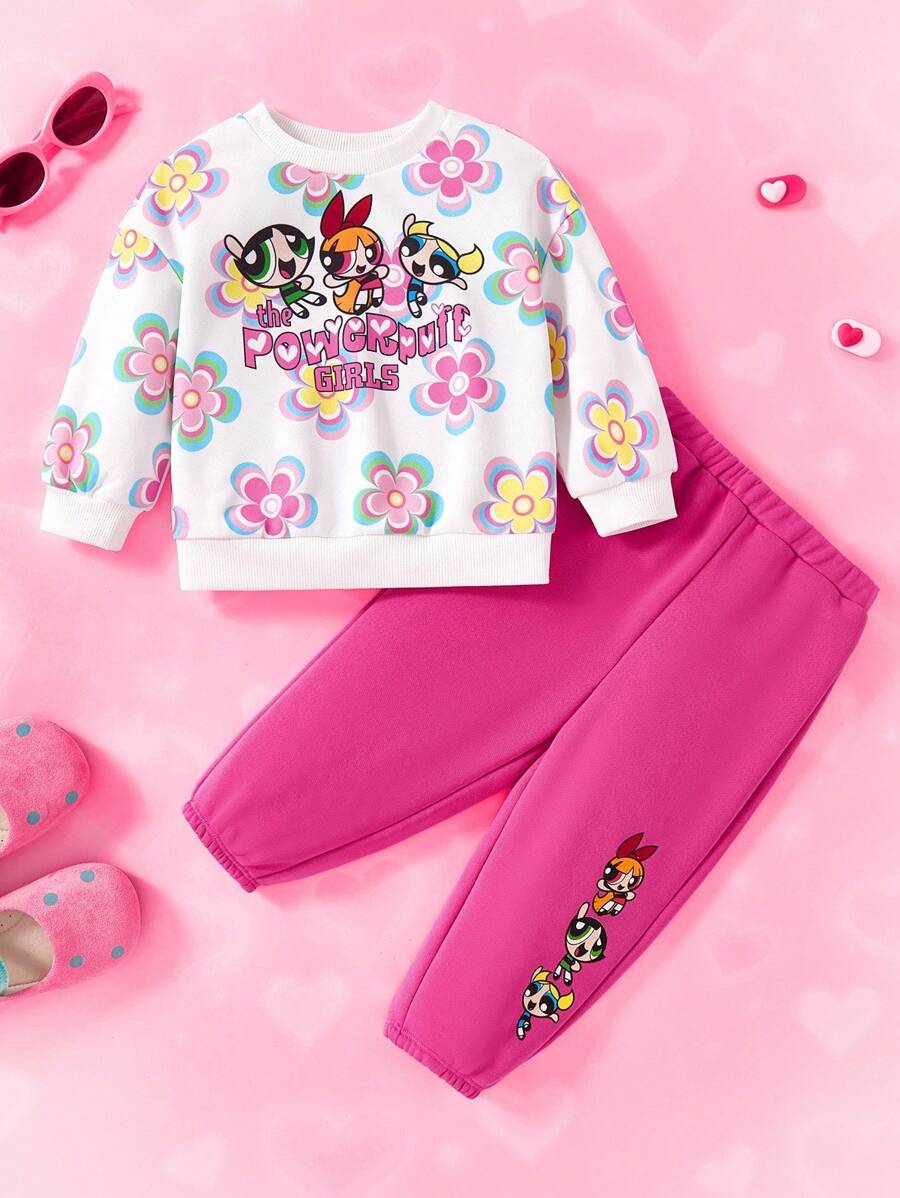 THE POWERPUFF GIRLS X SHEIN 2 件女婴可爱花卉、泡泡、毛茛图案圆领长袖运动衫和撞色裤子宽松秋冬套装 - 粉色 - 查看 1