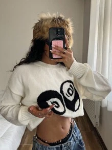 StreetHx Streetwear Women Solid Color Jacquard Billiards Casual Long Sleeve Sweater Top Knit Pullover Fall Winter - White - View 2