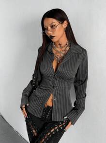 Coolane 灰色条纹腰部收紧梭织女式衬衫 - 深灰色 - 查看 3
