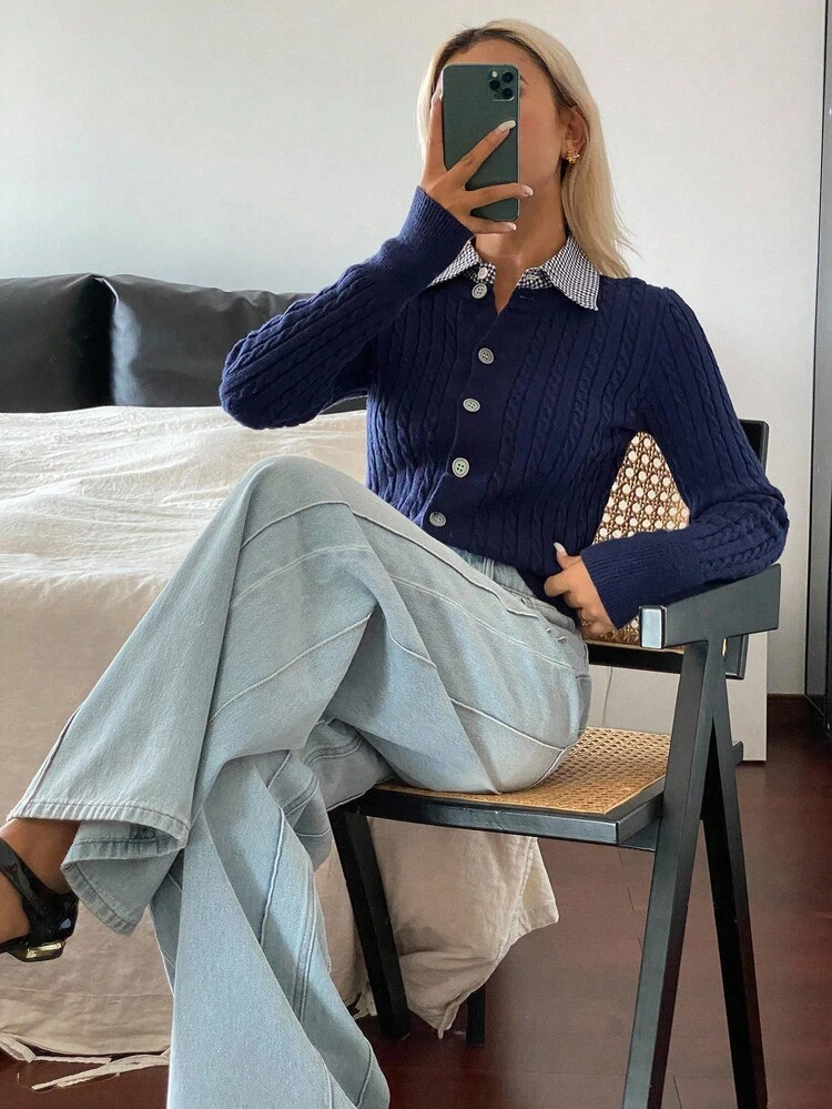 Women's Plaid Patchwork Lapel Long Sleeve Single-Breasted Knitted Cardigan