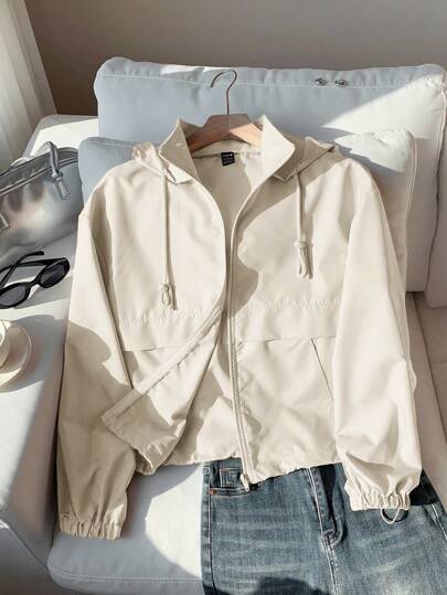 Comfortcana Chaqueta ligera con capucha con cordón, unicolor minimalista y casual para mujer, primavera/otoño