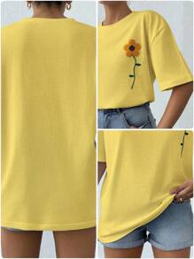 EURMUSE 100%Cotton Summer Flower Flocking White T-Shirt - Yellow - View 8
