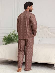 DAZY Plaid Brown Shirt Paired With Men's Casual Loungewear Set, Autumn Pajama - Brown - View 2