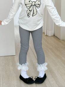 Blossori Young Girls' French Elegant Lace Trim Leggings Grey Leggings For Teen Girl Tween Lace Leggings Gray Leggings Girls Grey Leggings Leggings With Lace Trim - Multicolor - View 3