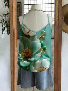 EMERY ROSE 大码女式休闲印花V领蕾丝边吊带背心套装，适合度假，大码夏季服装绿色印花蕾丝吊带背心，适合外出 - 彩色 - 查看 2