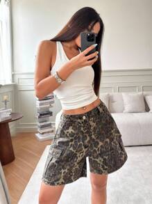 SHEIN ICON Women's Leopard Print Cargo Pocket Wide Leg Casual Denim Shorts - Multicolor - View 5