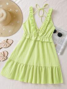 INAWLY Váy mini trơn màu tối giản dây nhún bèo dành cho nữ, thích hợp mặc thường ngày/dạo phố mùa hè - màu xanh lá - Xem 2