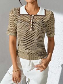 Modelyn Asymmetrisches Strick-Poloshirt mit Umlegekragen in verschiedenen Farben, kurzärmlig, Sommer, Cut Out