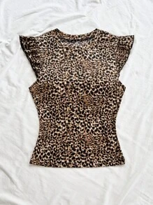 Soleia 全新休闲度假西部海滩婚礼宾客服装毕业早午餐女士圣帕特里克节春假复活节音乐节优雅波西米亚热带时尚豹纹荷叶边短袖女士 T 恤 - 彩色 - 查看 4