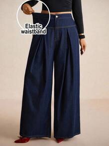 Elaquor Calça Denim Azul Marinho Cintura Alta Perna Larga Elegante Roupas Femininas Confortáveis Cintura Elástica Roupas Femininas de Outono