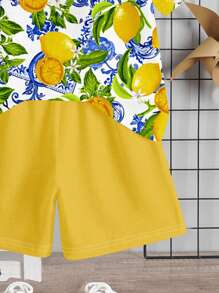 SHEIN 2 件套儿童度假、柠檬、意大利度假、家庭旅行图案休闲圆领短袖 T 恤和短裤套装，适合夏季 - 彩色 - 查看 4
