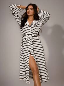 SHEIN Women's Casual V-Neck Long Sleeve Tie-Up Robe, Flounce Patchwork Loose Flare Sleeve Long Robe - Black and White - View 1