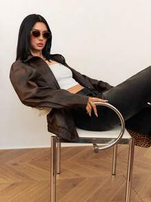 SHEIN Tall Áo khoác da giả màu nâu họa tiết loang lổ thời trang cổ điển dành cho nữ, dành cho mùa thu, trang phục Giáng sinh, quần áo nữ, áo khoác da màu nâu, mùa đông, áo khoác da, áo khoác bomber da nâu, áo khoác da nữ màu nâu, áo khoác da ngắn màu nâu, áo khoác da nữ - Cà phê nâu - Xem 6