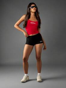 Missguided x Playboy Stretchy Booty Shorts Mid Rise High Cut Practice Biker Shorts Y2K Fashion Retro Style Dance Bottoms - Black - View 2