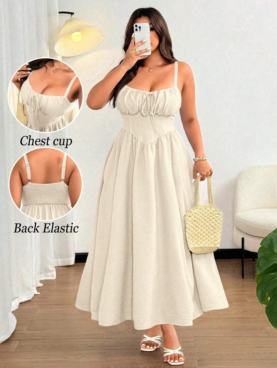 Flirla Plus Size Women's Elegant Solid Color Front Tie Bow Spaghetti Strap Maxi Beach Dress, Suitable For Beach, Resort, Party, Date, Music Festival, Spring/Summer, Versatile Design - Apricot - View 1
