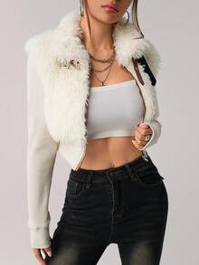 SHEIN ICON Women's Fashion Street Style Zip-Up Buckle Detail Cropped Faux Fur Jacket, Autumn/Winter - Apricot - View 9
