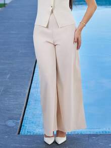 Andrea Bello Women's Casual & Chic High Waisted Wide Leg Textured Pants For Back To School & Work - Apricot - View 4