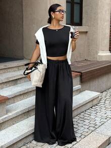 Dripcurv Plus-Size Women's Black Suit, Pants Casual Suit, Two Pieces Outfits,Fall Two Pieces Suit,Fall Clothes Black Top 2pcs Set,Tween Girl Clothes,Concert Women Outfit Fitted Shirt Casual Set ,Two Pieces Set Plus - Black - View 1