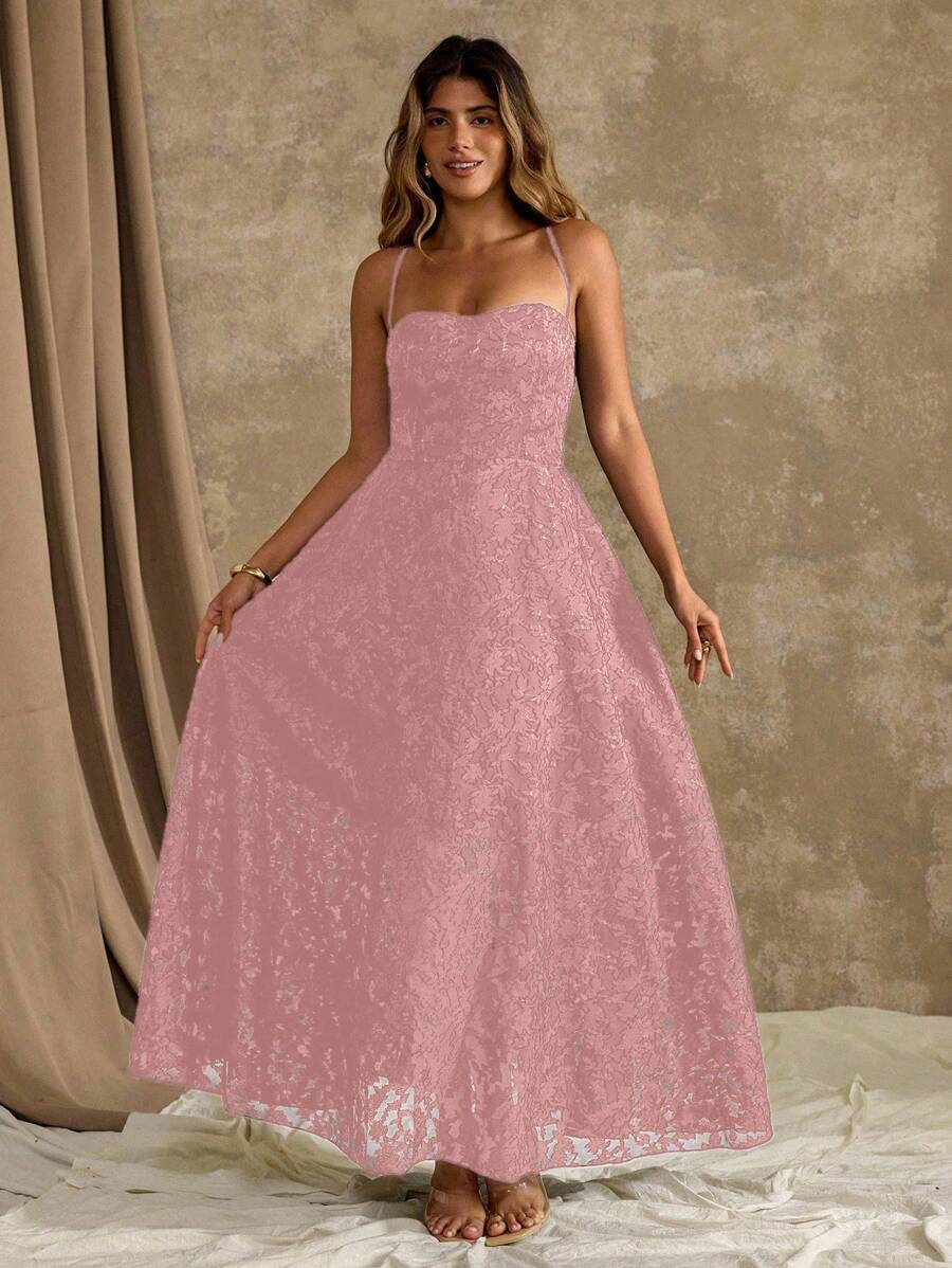 Roveilla 露肩、婚礼宾客、毕业典礼、浪漫、晚会、正式女士连衣裙、生日派对、优雅、夏季女士服装、鸡尾酒会迷你连衣裙、时尚优雅简约穿孔纹理细肩带长裙、性感紧身腰部修身优雅连衣裙 - 藕粉色 - 查看 1