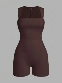 SHEIN EZwear 3pcs Summer Minimalist Solid Color Square Neck Sleeveless Romper 3 Piece Bodysuit Set Women