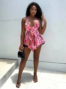 Alexandranx 女式复古花卉印花露背吊带背心，波西米亚风 Y2K V 领沙滩装衬衫，适合度假和休闲装，春夏季 - 粉色 - 查看 4