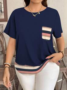 EMERY ROSE Camiseta informal de mujer talla grande con bloques de color y rayas y bolsillo, apta para el verano - Multicolor - Ver 3