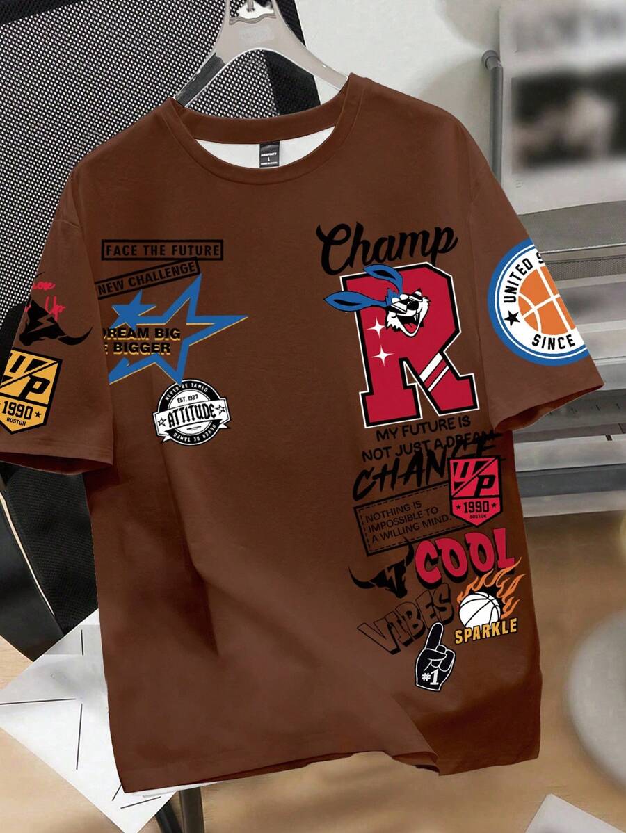 Manfinity Joysei 夏季男士休闲时尚百搭圆领短袖T恤 - 棕色 - 查看 1