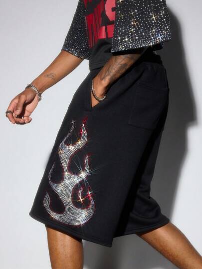 Street Life Pantalones cortos de moda con decoración de rhinestones para hombre