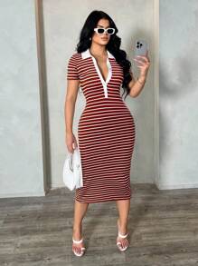 SHEIN SXY Vestido polo casual de mujer de manga corta a rayas, vestido de punto ajustado de longitud media, vestido elegante francés