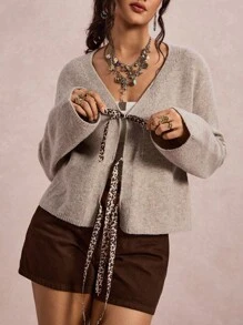 Freevana Cárdigan con estampado de leopardo y nudo delantero, para uso casual en resorts, talla grande - Albaricoque - Ver 3