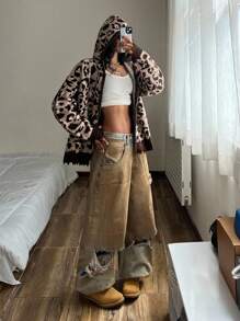StreetHx Streetwear Women's Leopard Print Jacquard Zip-Up Cardigan, Autumn/Winter - Multicolor - View 3