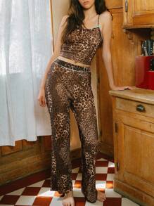 SHEIN Unity Pantalon taille haute stretch imprimé léopard avec bordure contrastée - Multicolore - Voir 2