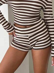 Aloruh Pantaloni scurți mini sexy cu talie joasă, cu dungi maro și albe, Y2K, pentru femei - Multicolor - Vizualizare 6