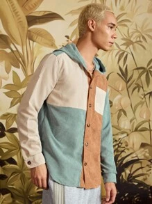 SWAVVY Loose Fit Men's Color Block Patched Pocket Hooded Corduroy Shirt (Shirt Only), For Fall Winter - Blue - View 4