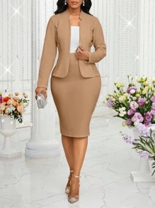 SHEIN Lady 2025秋冬新款女士优雅通勤纯色蕾丝拼接西装外套和半身裙套装商务休闲女装 - 卡其色 - 查看 3