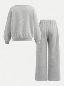 SHEIN 青少年女孩 V 领宽松运动衫和慢跑裤两件套，休闲日常百搭时尚服装 - 灰色 - 查看 2