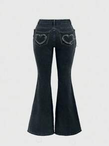 ROMWE Grunge Punk Sabuk Kanvas Gaya Grunge Vintage Kasual Musim Semi Y2K dengan Gesper Logam Berbentuk Hati, Celana Denim Lebar Ukuran Besar dengan Tampilan Sobek - Navy Blue - View 2