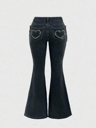Grunge Punk Vintage Grunge Y2K Style Canvas Belt With Heart Shaped Metal Buckle, Plus Size Flared Distressed Denim Pants