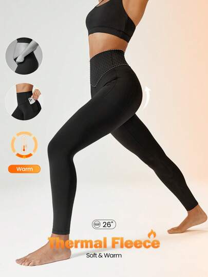 GLOWMODE 26'' FeatherFit™ Fleece Warm Tummy Control High-Rise Waist Leggings Low Impact Yoga Daily Warm Winter Fall Winter