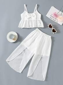 SHEIN 年輕女孩弓結前鑲邊刺繡cami上衣＆鬱金香翻邊下褲