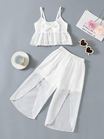 SHEIN Young Girl Bow Front Eyelet Embroidery Cami Top & Tulip Hem Pants