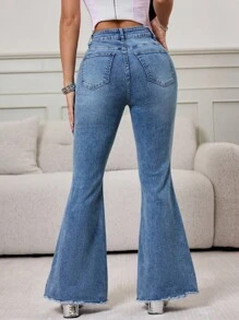 SHEIN PETITE Women's Blue Fashionable Versatile Frayed Hem Flared Casual Jeans - Blue - View 2