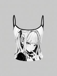 ROMWE Sexy Dễ Thương Phụ Nữ Đen Trắng Anime Hoạt Hình Y2K Màu Tương Phản Áo Camisole - trắng - Xem 1