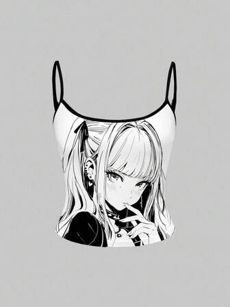 Anime قميص نسائي أنيق بتصميم كرتوني من أنمي بالأبيض والأسود بتباين ألوان عصري